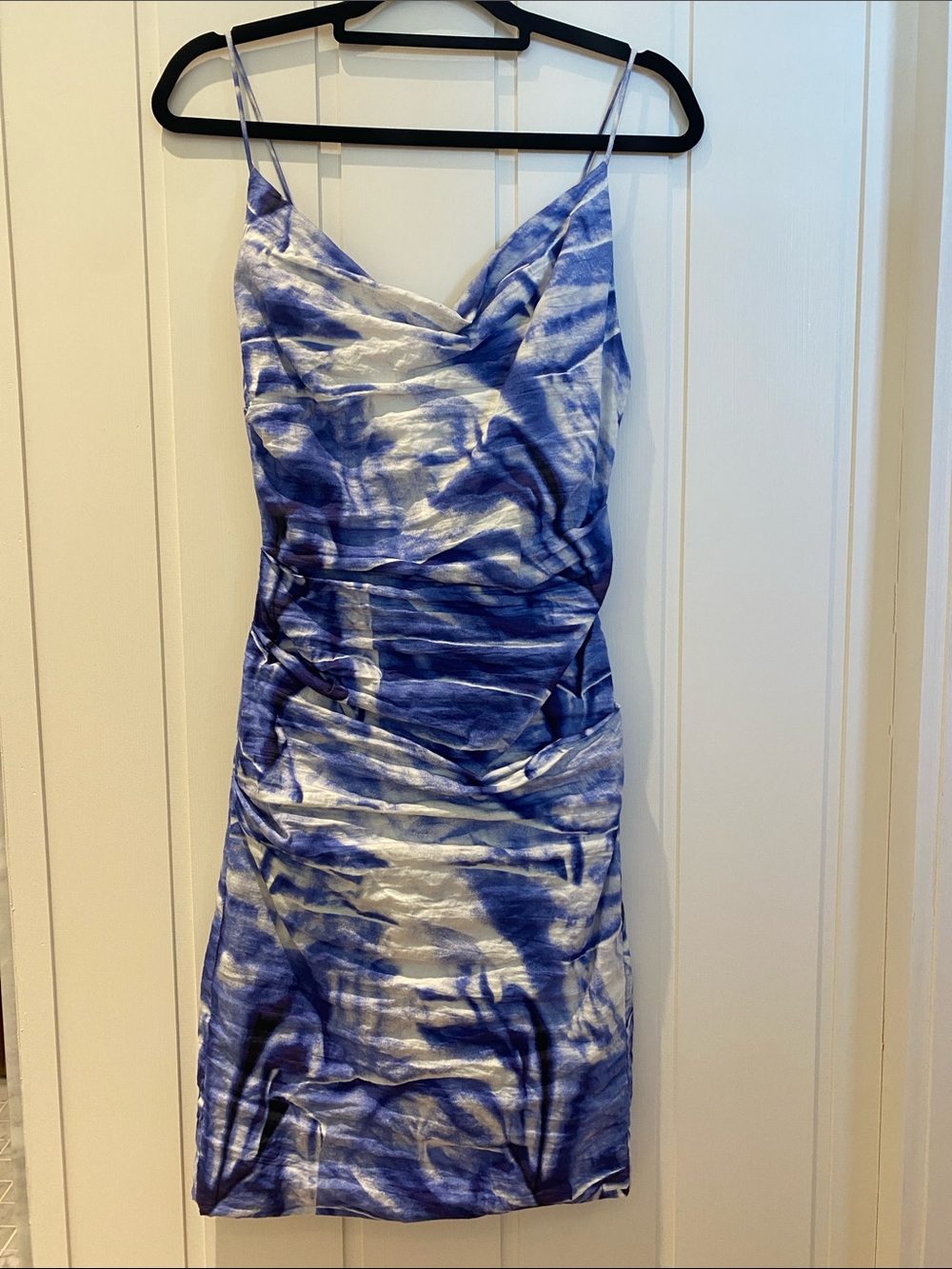 Blue and White Tie-Dye Cowl Neck Mini Dress